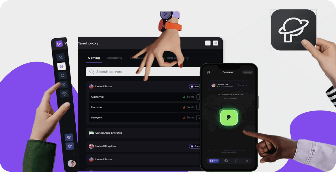 Planet Proxy's app interface showing various tabs, surrounded by hands making signs and holding the Planet Proxy logo