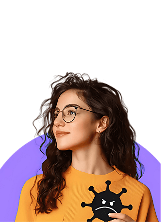 A woman with curly brown hair and glasses in an orange jumper holding an illustrated virus with an angry face on it